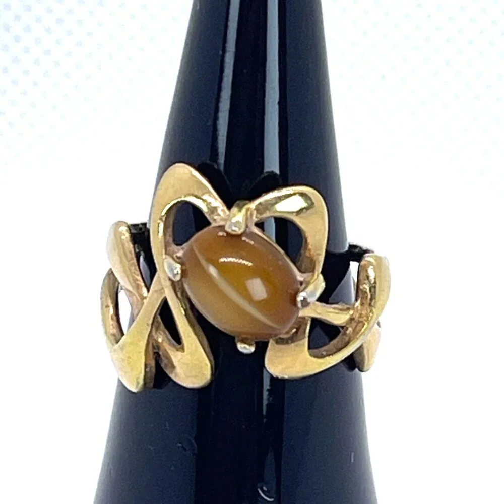 Tiger Eye VTG Art Nouveau 18KT HGE Gold Plate Ring Abstract MCM Retro Size 6.25 - Picture 11 of 11